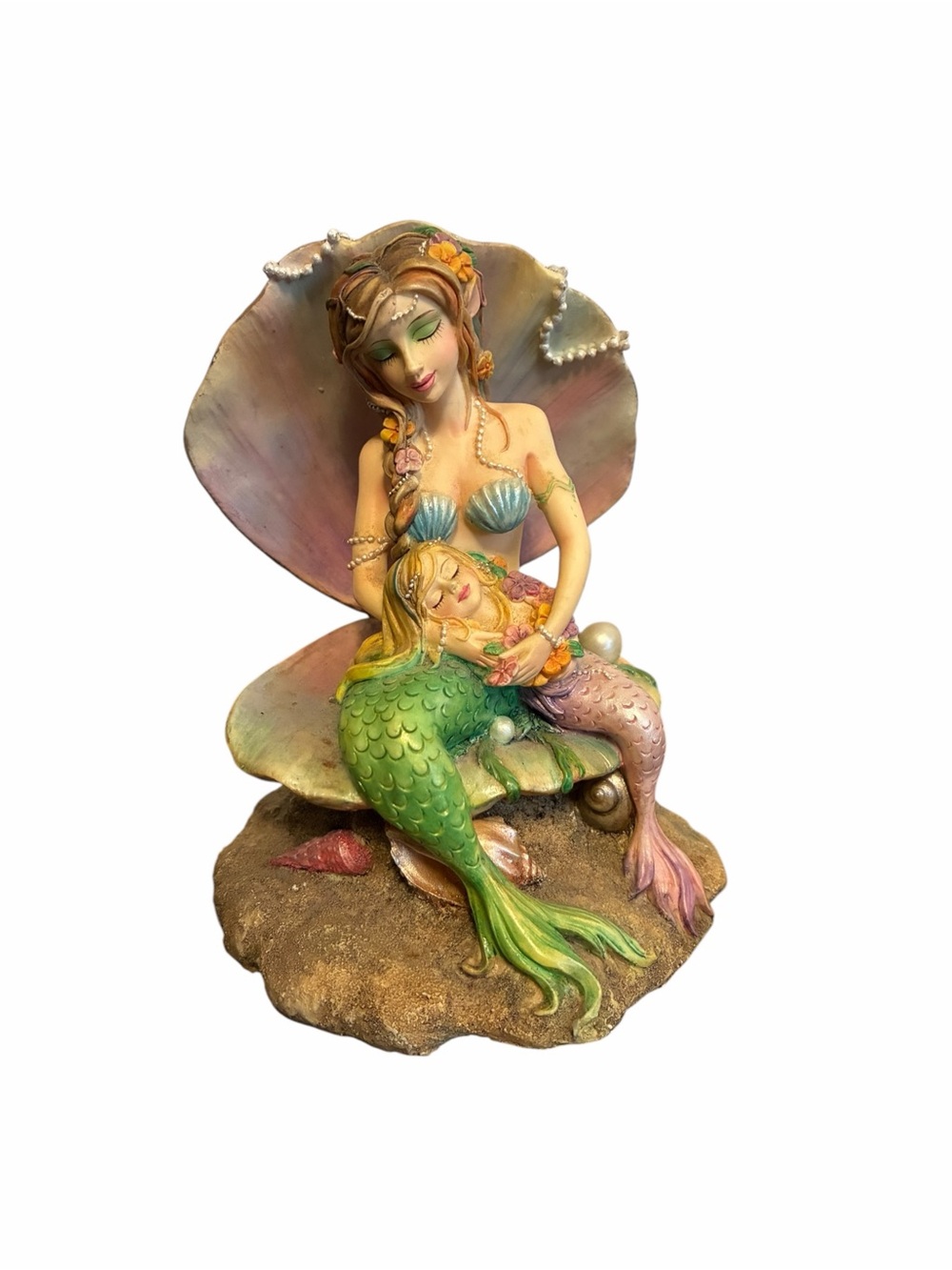 Mermaid Mother and Child Resin Figurine - Pastel Green & Pink